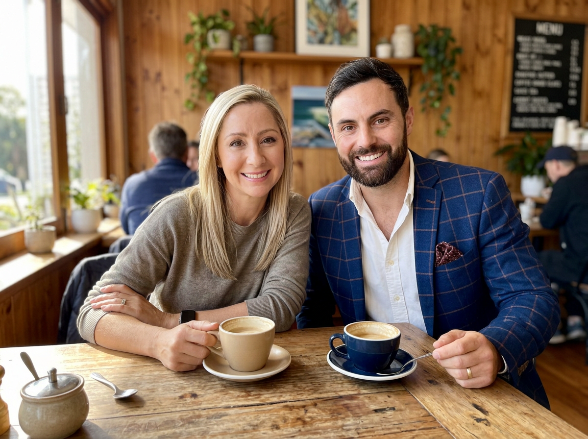 Two speakers smiling over coffee at a cafe table