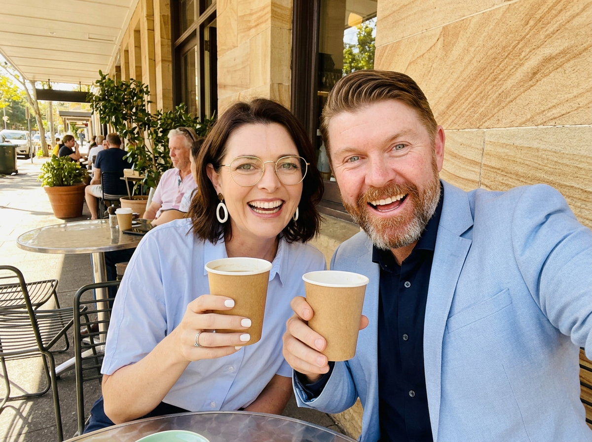 Two speakers laughing with takeaway coffees outside a cafe