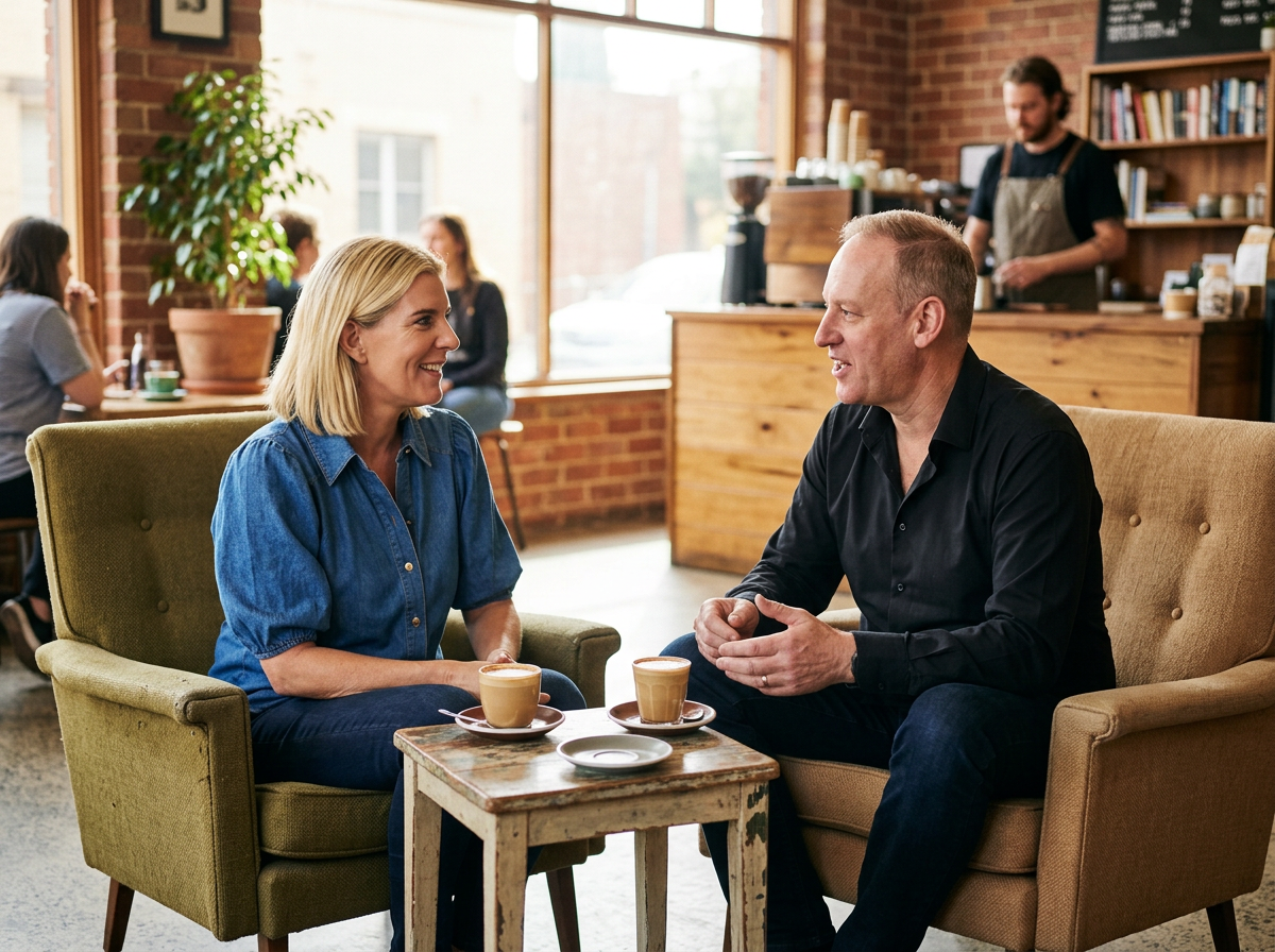 Two speakers chatting over coffee in cafe armchairs